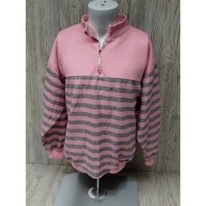 Upper Level 42 Pink Gray Stripe 1/4 Zip Long Sleeve Sweater Casual Fun XL Vtg